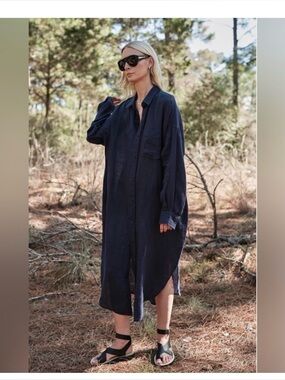 Mamene Florence Shirt Dress In Linen - Navy